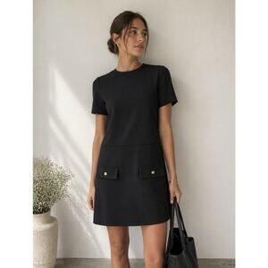 Zara Black Minimalist Shift Dress NWT Small Gold Button Pocket Clean Grl Capsule